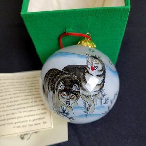 Gray Wolf inside-painted glass ornament, hand painted